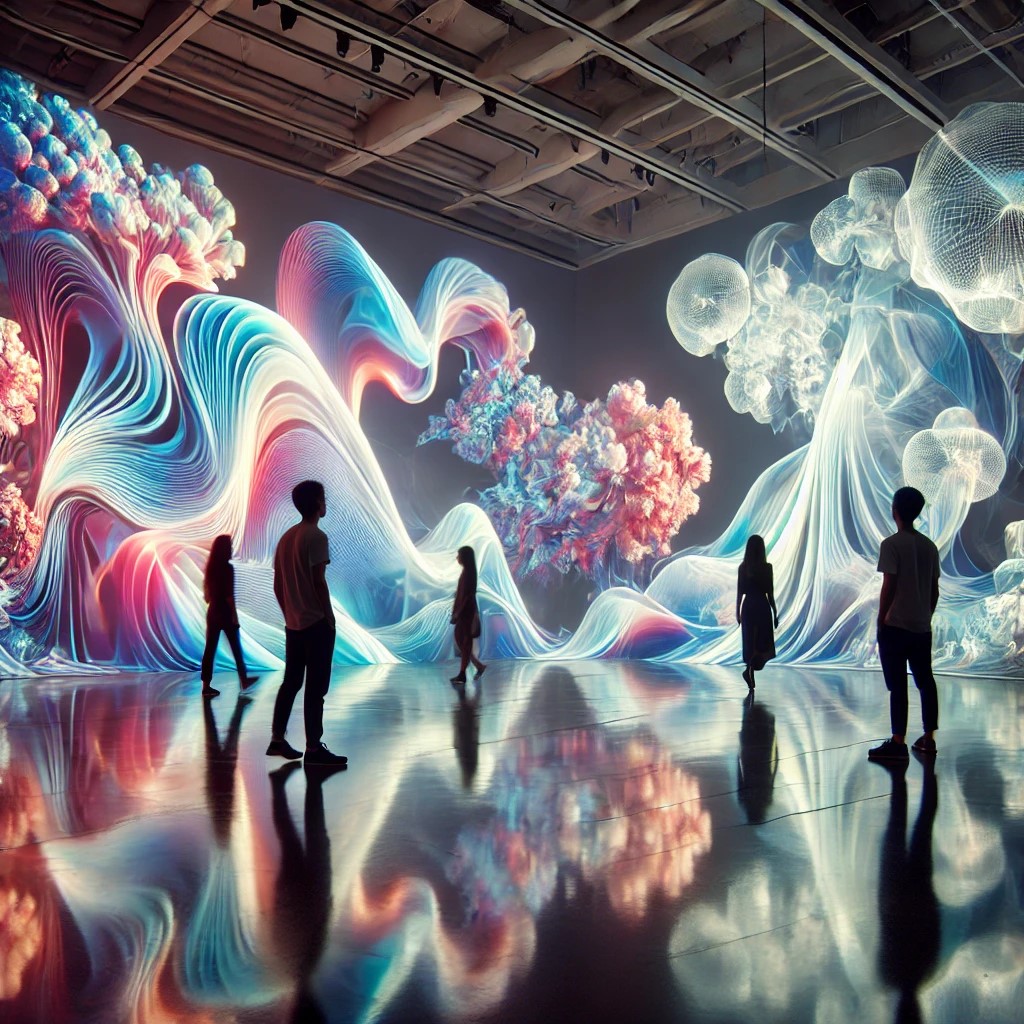 1 - Experiencia artística envolvente en una galería en la que los visitantes interactúan con esculturas digitales dinámicas y proyecciones en 3D